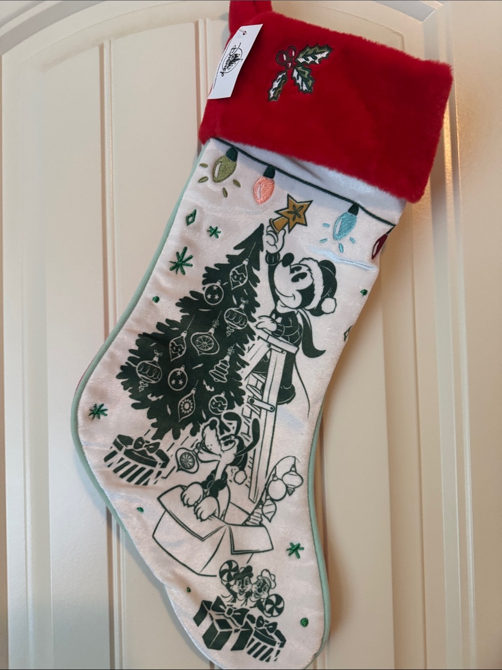 Disney Red and White Holiday Stocking with Green Trim & Mickey Tree Scene